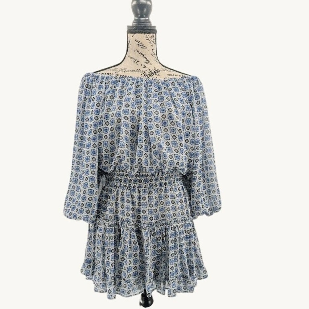MISA Zonia Dress Womens Medium Blue Scorpios Tile Off Shoulder Ruffle‎ Mini